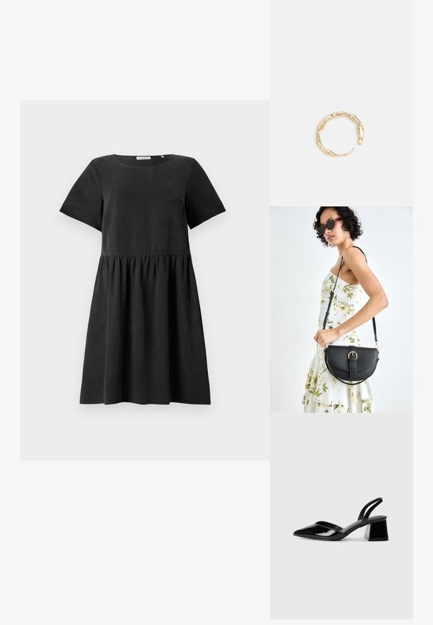 Musthave musta lühikeste varrukatega kleit ümmarguse kaelusega, tekstuurse kangaga ja kogutud vöökoht, luues laiendatud silueti.; Mustad musta lakknahk kingad, millel on terav varvas ja geomeetriline plokkkonts. Omab elegantselt minimalistlikku disaini ja sujuvat tekstuuri.; Mustmust mustraha kõverate joontega, eemaldatava rihmaga ja kuldsete detailidega. Kotil on klapp, millel on pandladetail.; Kuldtoonis sõrmus, millel on orgaaniline, keerdunud disain sileda tekstuuri ja kitsenevate otstega, luues kaasaegse skulptuurilise välimuse.