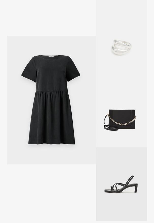 Juodas trumpų rankovių suknelė su apvaliu iškirpimu, tekstūruotas audinys ir sukaupta juosmens linija, kuri sukuria platėjančią siluetą.; Juodi šlepetės su kvadratiniu pirštu ir žemu bloku kulnu. Yra keli ploni dirželiai ir reguliuojamas kulkšnies diržas. Pagaminti iš lygios odos.; Juodas odinis per petį nešiojamas krepšys turi lygų paviršių, stačiakampio formą ir metalinę grandinėlę priekyje. Pridedama reguliuojama dirželis.; Sidabrinis dvigubas žiedas su lygiu, poliruotu paviršiumi. Pasižymi sklandžiu, kreiptu dizainu su persipinančiomis dalimis, suteikiančiomis modernų išvaizdą.