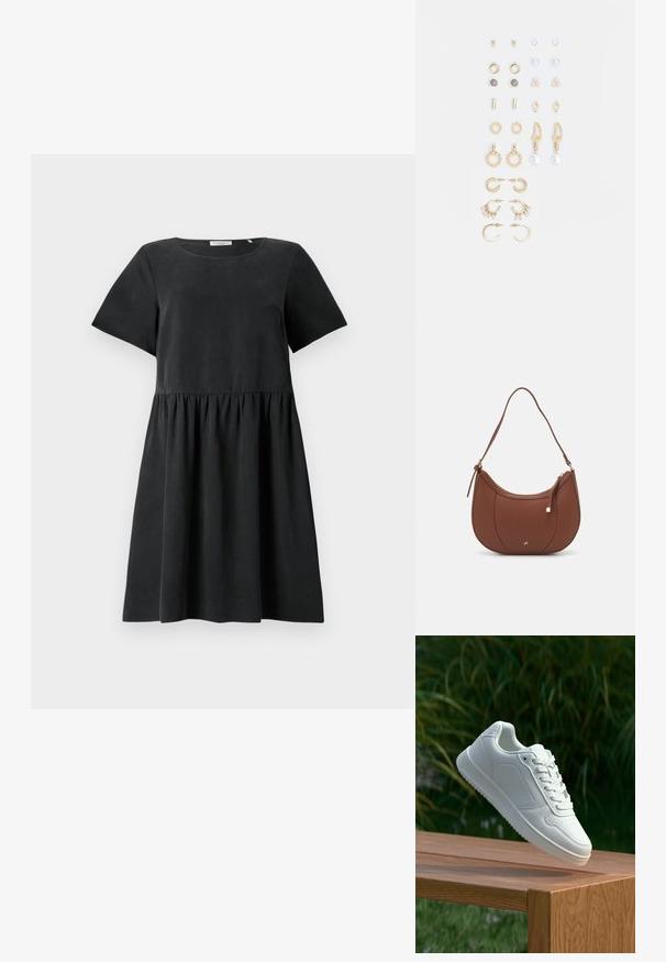 Fekete, rövid ujjú ruha kerek nyakkivágással, textúrált anyagból, ráncolt derékkal, ami bővülő sziluettet eredményez.; Fehér sportcipő sima szintetikus felsőrésszel, perforált lábujjrész, lapos fűzőkkel és texturált talppal, fából készült felületen kihelyezve.; Barna műbőr válltáska ívelt formával, minimális varrással és arany színű kiegészítőkkel. Jellemzője a felső cipzáras záródás és állítható pánt.; Arany tónusú fülbevalók szettje, amely különféle mintákat tartalmaz, beleértve a stift fülbevalókat, karikákat és gyöngyökkel és strasszokkal díszített hosszú fülbevalókat.