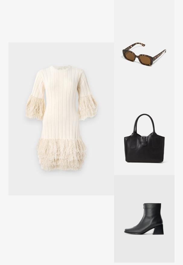 Krém színű kötött ruha, vertikális bordázattal, fodros ujjal és francia részletekkel, valamint rojtos szegéllyel. Puha tapintás, struktúrált sziluett.; Fekete bőr bokacsizma négyzetes orral, oldalsó cipzárral és tömbsarkal, egyszínű világos háttér előtt.; Teknősbéka mintázatú napszemüveg kerek, vastag kerettel és barna lencsékkel. Finom mintázattal és egyenes, keskenyedő szárakkal rendelkezik.; Fekete bőr bevásárlótáska sima textúrával, strukturált formával, két fogantyúval és egy figyelemfelkeltő ezüst csattal az elején.