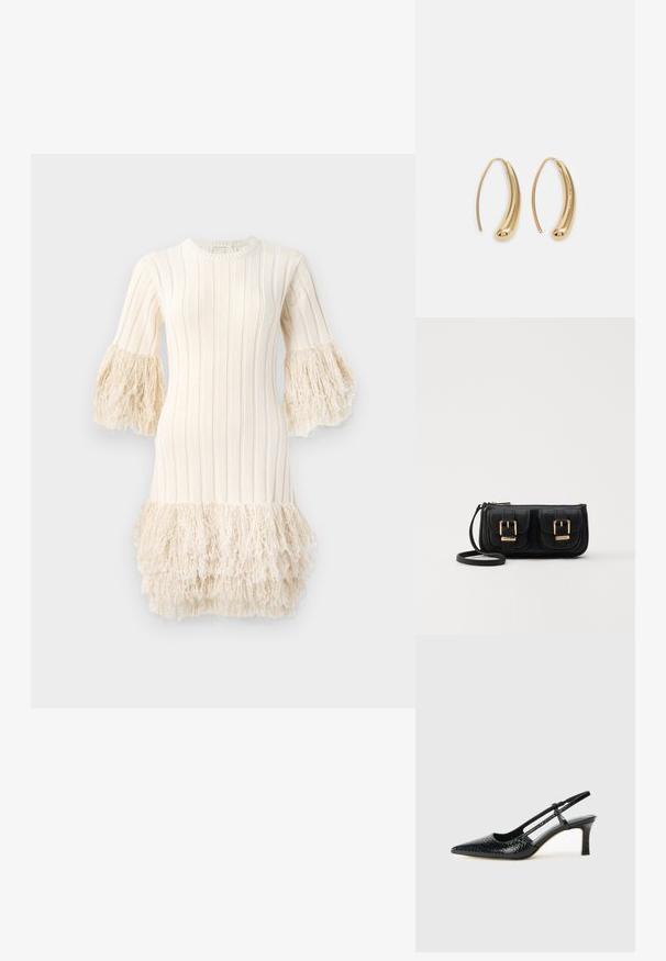 Neulepuku vaaleassa sävyssä, jossa on pystysuoraa ribbausta, liehuvat hihat ja fringed-yksityiskohdat, sekä fringed-helma. Pehmeä rakenne yhdistettynä jämäkkään siluettiin.; Musta patent slingback-kiilakorko teräväkärkisellä muotoilulla, jossa on teksturoitu käärmeennahkakuosi, säädettävä remmi ja lyhyt, teksturoitu blokkiheel.; Musta nahkainen olkalaukku, jossa on kaksi etutaskua, kultaiset soljet, vetoketjukiinnitys ja kapea hihna. Teksturoidun pinnan ja kompaktin suorakaiteen muoto.; Korvakorut kultasävytteistä metallista, joissa on kaareva, pitkänomainen muoto. Ominaisuuksiin kuuluu sileä, kiiltävä pinta ja pyöreä kärki lisäyksinä.