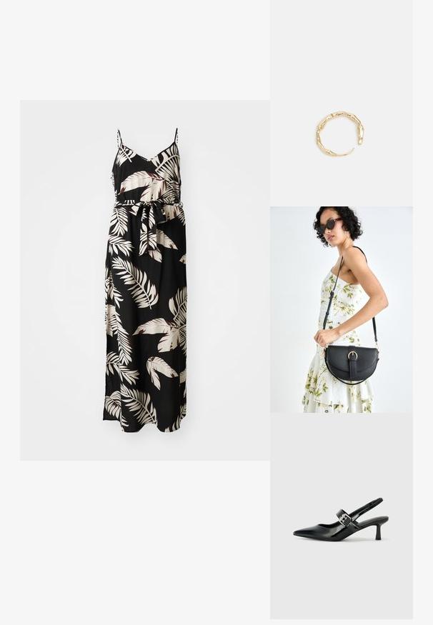 Mustriline mustkleidis mustast kangast, millel on kreemilised ja burgundilised lillelehtede mustrid. Omab peeneid spagetirihmasid ja nööriga vöökohta.; Mustad patenteeritud nahast sildiga kontsad, millel on terav nina ja väike plokk-konts, mille rihmal on hõbedane pandla aksessuaar.; Mustmust mustraha kõverate joontega, eemaldatava rihmaga ja kuldsete detailidega. Kotil on klapp, millel on pandladetail.; Kuldtoonis sõrmus, millel on orgaaniline, keerdunud disain sileda tekstuuri ja kitsenevate otstega, luues kaasaegse skulptuurilise välimuse.