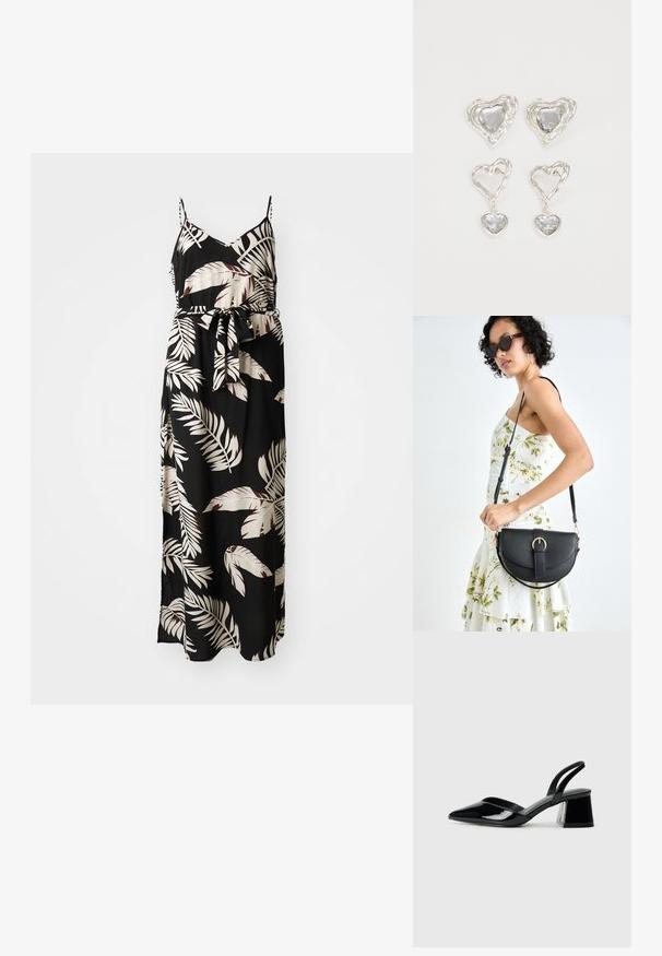 Maxikjole i sort stof med et blomsterblad-mønster i creme og burgundy. Har tynde spaghetti-stropper og en knyttet talje.; Svarte patentlær slingback hæler med spiss tå og geometrisk blokk hæl. Har et stilrent, minimalistisk design og jevn tekstur.; Svart lærveske med en buet form, avtagbar stropp og gullbeslag. Vesken har et klaff med spenne-detall.; Sølv hjerteformede øredobber har fasetterte klare steiner med en teksturert ramme. Sett inkluderer både stud- og hengende stiler.