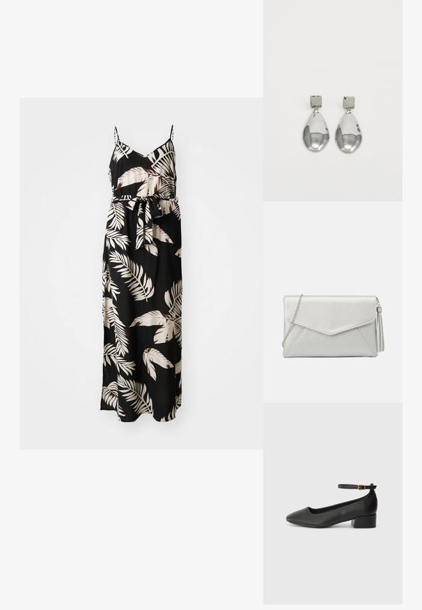 Maksimāla kleita melnā audumā ar krēmkrāsas un bordo ziedu lapu rakstu. Aprīkota ar plānām spaghetti siksnām un sasietu jostu.; Melnas ādas sūkņi ar smailu purngalu un zemu bloku papēdi. Iezīmēts ar potītes siksniņu ar zelta krāsas sprādzi. Gluda tekstūra.; Sudraba sintētiskās ādas maza soma ar aploksnes dizainu, ķēdes siksnu un pušķa detaļu vienā pusē, ar stūrveida šuvēm.; Sudraba pilienu auskari ar kvadrātveida auskariem, ar gludu, pulētu apdari un asaru formu, atstaro gaismu ar spīdīgu virsmu.