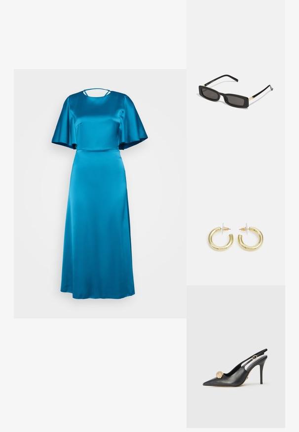 Garšs, pieguļošs kleitas modelis spilgti tirkīza krāsā no satīna, ar apaļu izgriezumu, īsām flutter piedurknēm un smalku atveri aizmugurē.; Melnas ādas sandales ar norādītu purngalu, zelta bumbu akcentu un šauru papēdi. Iespējots izgriezums apkārt potītei.; Melnas taisnstūra saulesbrilles ar tumšiem objektīviem, spīdīgām plastikāta rāmēm un zelta akcentiem tempļos. Minimalistisks dizains un eleganta forma.; Zelta auskari ar gludu, spīdīgu apdari. Apaļš dizains, kas ietver mazu tapu un caurspīdīgu pamatni drošai valkāšanai.