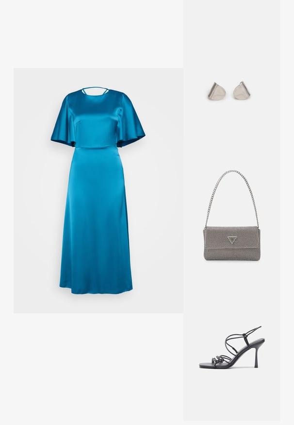 Pikk, keha lähedal istuv kleit eredas türkiissinises satiinis, millel on ümar kaelus, lühikesed lendlevad varrukad ja diskreetne selja lõike detail.; Mustad musta värvi kontsandaalid on varustatud peente rihmadega, millel on sõlmekujundus, siledad ruudukujulised varbad ja stiilne stilettokonts.; Helehall metallik handbags, millel on kett, kaunistatud väikeste ümmarguste metallist õmblustega ja kolmnurkse brändi logoga.; Hõbedased metallkõrvarõngad sujuva pisarakuju ja poleeritud viimistlusega. Diskreetne graveering lisab detaile. Minimalistlik disain.