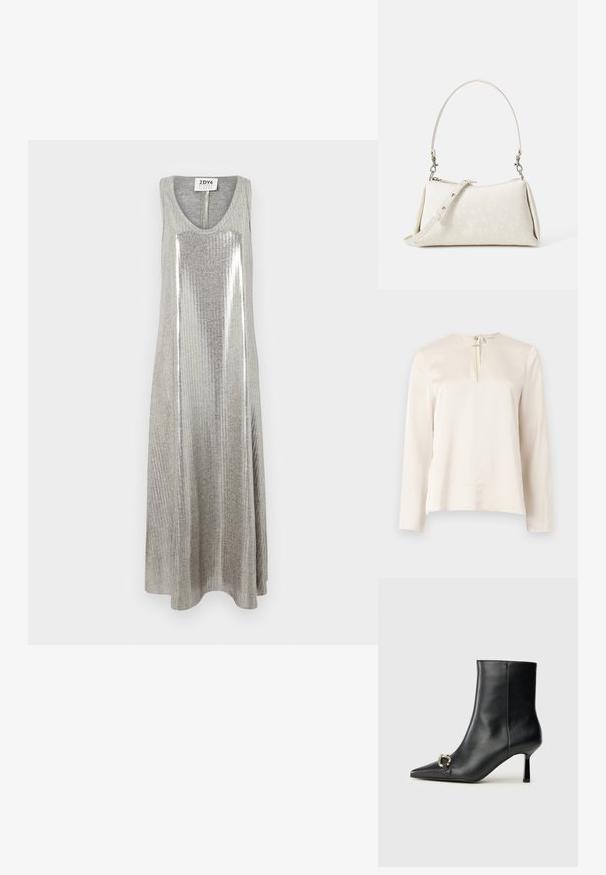 Abito maxi grigio senza maniche con scollatura a goccia, caratterizzato da una texture verticale a righe e dettagli argentati lucidi al centro.; Blusa a maniche lunghe color crema con scollatura rotonda, dettaglio di piega anteriore e chiusura con zip nascosta sul retro. Texture liscia simile alla seta.; Stivale alla caviglia in pelle nera con punta affusolata, tacco sottile di media altezza e dettaglio in fibbia argentata sul lato, su sfondo semplice.; Borsa bianca con texture liscia, silhouette curva e tracolla regolabile. Presenta un sottile motivo con logo e accenti in metallo argentato.