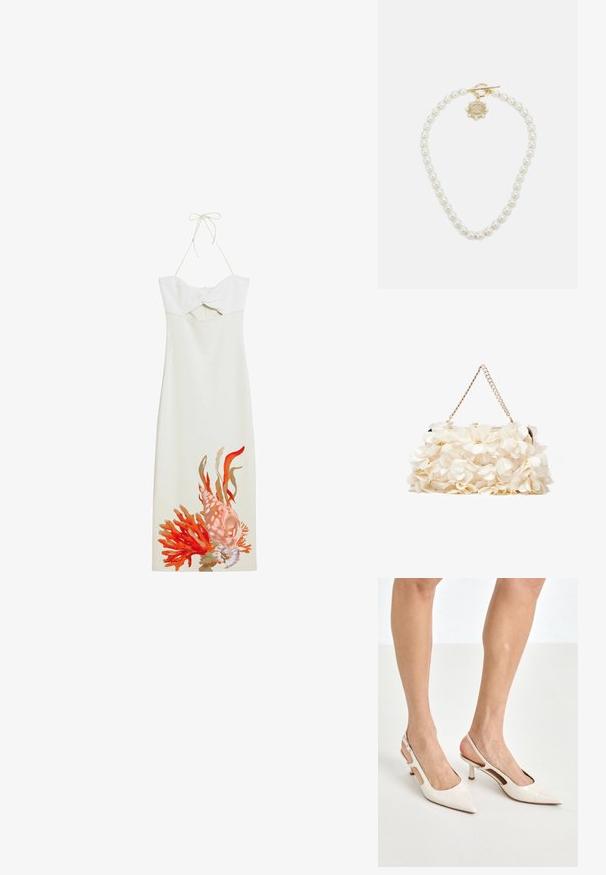 Valkoinen hihaton mekko, jossa on teksturoitu vartalo ja nauhat yksityiskohtana. Helmassa on värikkäitä koralleja ja simpukkataidetta. Säädettävät olkaimet.; Beige patenttaja nahkaslingback-korkokengät, joissa on teräväkärkinen muotoilu ja 5 cm:n korko. Kenkäparissa on leikattuja reunoja ja ohut nilkkaremmi.; Valkoinen kukallinen käsilaukku, jossa on kerroksellinen kangaspinta, kultasävyinen ketjuhihna ja metallikahva. Sisältää teksturoituja terälehtiä lisäyksinä.; Lauren Ralph Lauren COLLAR - Kaulakoru - gold-coloured/white