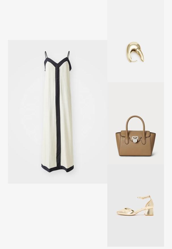 Kreemivärvi sans-sleeve maxi kleit, millel on sügav V-kaelus ja must ääris servadel ja ees. Valmistatud kerge kangaga.; Kuld metallik kontsade jalatsid, millel on ümar varvas, pahkluu rihm ja madal plokk konts. Sile tekstuur läikiva viimistlusega.; Lauren Ralph Lauren PEBBLED LEATHER SMALL TANNER SATCHEL - Käekott - camel; Kuldtooni metallist kõrvarõngas, millel on elegantne ja kaarjas disain. Omab silmapaistvat teravat kuju, poleeritud pinda ja hingesulgemist.