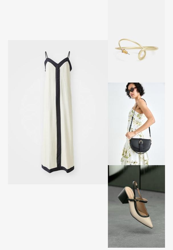 Brezzna maksi obleka v barvi smetane z globokim V-izrezom in črnimi robovi ob robovih in sprednji strani. Narejena iz lahkega materiala.; Bežna slingback čevlja z uskim sprednjim delom, črnimi detajli, zlatim zaponko in debelim blokovskim peto na sivi tleh s temno zeleno ozadje.; Črna usnjena torbica s ukrivljeno obliko, z odstranljivo naramnico in zlatimi dodatki. Torbica ima pokrov s podrobnostmi v obliki zaponke.; Zlato obarvan kovinski zapestnica s tekočim, ukrivljenim dizajnom. Ima majhen, izstopajoč srebrn poudarek na enem koncu.