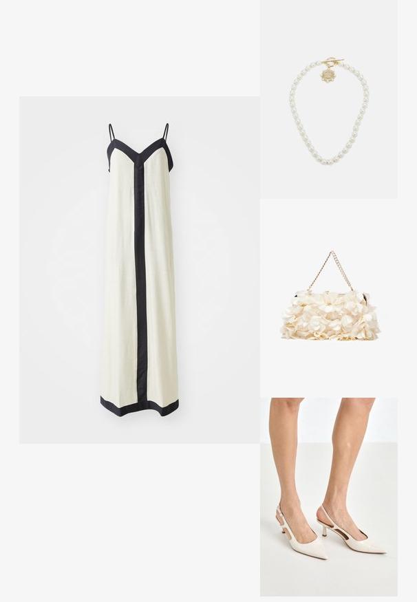 Kreminė ilgomis sijonais su be rankovių su giliu V formos iškirpimu ir juodu apvadu palei kraštus ir priekinę dalį. Pagaminta iš lengvos medžiagos.; Šviesiai pilkos, lakuotos odos slingback aukštakulniai su smailiu noseliu ir 5 cm kulnu, su išpjovomis šonuose ir plona kulkšnies juostele.; Balta gėlių rankinė su susiraukšlėjusia audinio paviršiumi, auksinės spalvos grandinėlės dirželiu ir metaliniu uždarymu. Papuošta tekstūruotomis žiedlapėmis, pridėjančiomis detalių.; Lauren Ralph Lauren COLLAR - Grandinėlė - gold-coloured/white