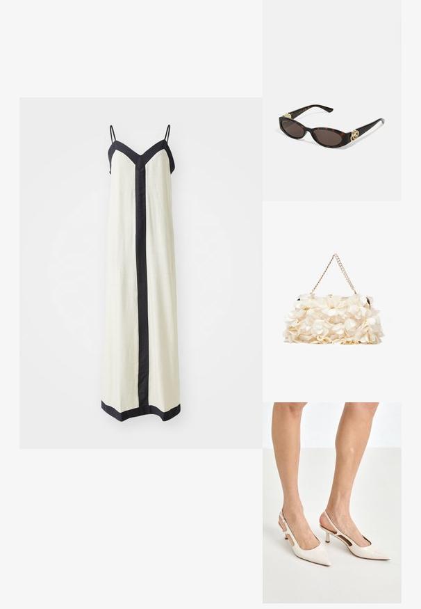 Bezrukávové maxi šaty v krémovej farbe s hlbokým V-výstrihom a čiernym lemovaním pozdĺž okrajov a prednej časti. Vyrobené z ľahkej tkaniny.; Bežové lakované lodičky na podpätku so špicatou špičkou a 5 cm podpätkom, s výrezmi po stranách a tenkým remienkom okolo členka.; Slnkové okuliare v korytnačkovom dizajne s predĺženými oválnymi šošovkami, hnedým tónovaním, zlatými logovými akcentmi na spánkoch a elegantnými čiernymi ramenami.; Biela kvetinová taška s nariaseným textilným povrchom, zlatým reťazovým popruhom a kovovým zámkom. Obsahuje textúrované okvetné lístky pre väčší detail.