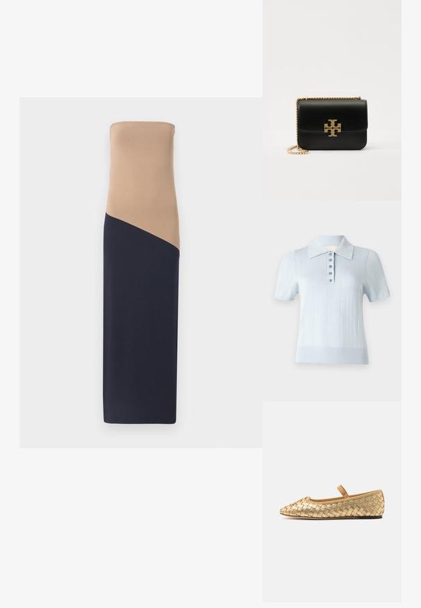 Pánt nélküli, testhezálló ruha bézs felső résszel és sötét tengeri kék alsó résszel, átlós varrási részletekkel, sima, rugalmas anyagból készült.; Világoskék, rövid ujjú poloing bordázott textúrával, lapos gallérral és elülső gombolással, hat azonos gombbal.; Loeffler Randall LEONIE SOFT BALLET FLAT - Bokapántos balerina cipők - gold; Fekete bőr kézi táska aranyszínű láncjoggal és logóval. Téglalap alakú, hajtókás fedéllel. Simának mondható textúrával rendelkezik.