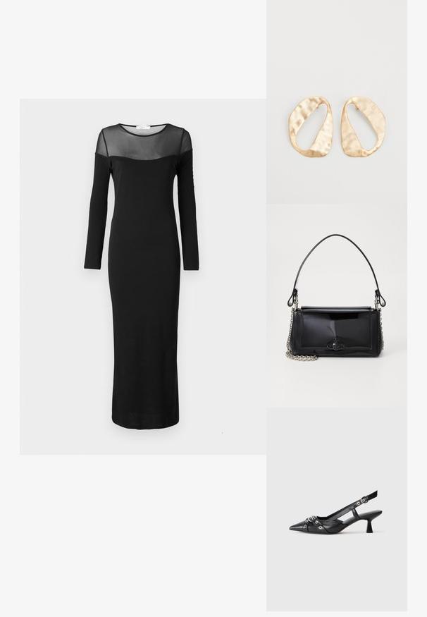 Juoda ilga rankovė su prigludusia siluetu, turinti permatomą tinklinį apykaklę ir rankoves, lygų paviršių ir iki kulkšnies ilgio dizainą.; Juodas odinis slingback tipo batai su smailiu priekiniu atvartu, dekoratyvinėmis sagtimis su metaliniais akyčiais ir žemu blokiniu kulnu. Saldus paviršius.; Juodas lakinės odos rankinės ilgis stačiakampis, su grandinėlės dirželiu ir išskirtiniu metaliniu akcentu centre. Lygus paviršius.; Nedidelis nereguliarus ovalo formos aukso tono metalinių auskarų pora su tekstūruota, šiek tiek kalta paviršiumi ant balto fono.