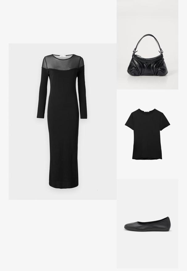 Černé šaty s dlouhým rukávem a přiléhavým střihem, které mají průhledný síťovaný výstřih a rukávy, hladkou texturu a délku do kotníků.; Černé tričko s krátkým rukávem vyrobené z hladké tkaniny. Má kulatý výstřih a volný střih s rovním lemem.; Černé kožené baletní byty s kulatou špičkou, hladkou texturou, minimálními švy a flexibilním designem podrážky.; Černá kabelka vyrobená z texturované kůže s kulatým tvarem. Obsahuje tenký ramenní popruh a dekorativní reliéfní vzory.