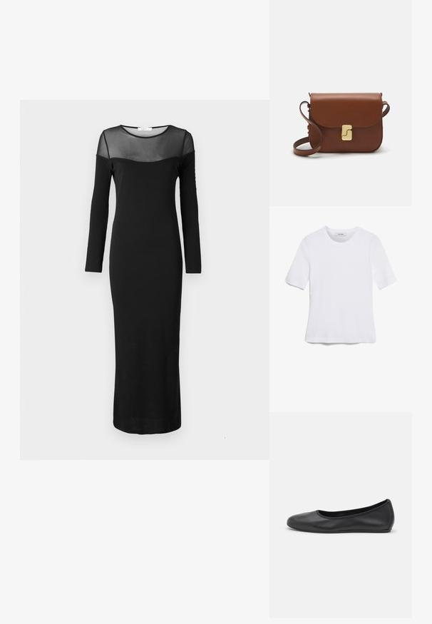 Musta pitkähihaista mekkoa, jossa on istuva siluetti, läpikuultava verkon kaula-aukko ja hihat, sileä rakenne ja nilkkapituisuus.; Valkoinen lyhythihainen t-paita, joka on valmistettu ribbytedusta kankaasta. Pyöreä pääntiie, normaali istuvuus ja hienovaraiset ompeluyksityiskohdat. Ei kuvioita tai grafiikkaa.; Musta nahkainen ballerina, jossa on pyöristetty kärki, sileä pinta, minimaalinen ommelkoristelu ja joustava pohjamuotoilu.; Ruskea nahkainen käsilaukku, jossa on läppäkiinnitys, kultasävyiset yksityiskohdat, olkahihna ja sileä pinta. Kompaktin suorakaiteen muotoinen.