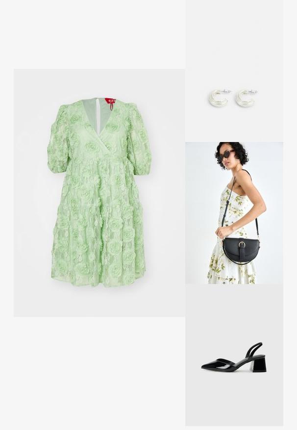 Šviesiai žalia suknelė su gėlių nėriniuotu raštu, pūstos rankovės, V formos iškirptė ir užtrauktukas gale. Suknelė turi sluoksniuotą, laisvą siluetą.; Juodos lakuotos odinės šlepetės su smailiu pirštu ir geometriniu bloko kulnu. Turi elegantišką, minimalistinį dizainą ir lygų paviršių.; Juodas odinis krepšys su išlenkta forma, nuimamu dirželiu ir auksiniais detalėmis. Krepšys turi kilpą su sagtimi.; Sidabriniai auskarai įsukto žiedo dizaino, su tekstūruotu paviršiumi ir briaunotu akcentu, pritvirtinti su užsegimu ant kotelio.