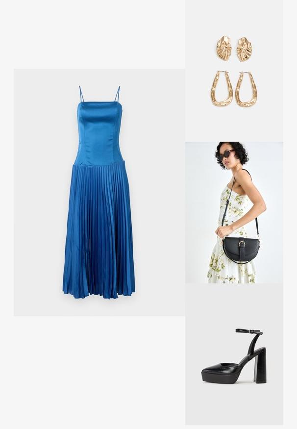 Sinine satiinist kleit õhukeste rihmadega, kehakujuline korpus ja volditud seelikuosa, näidates kerget tekstuuri ja siledat pinda.; Mustad platvormi kontsad terava ninaga ja reguleeritava pahkluuraamiga. Valmistatud siledast nahast, funktsioneerib massiivse plokknäheeliga.; Mustmust mustraha kõverate joontega, eemaldatava rihmaga ja kuldsete detailidega. Kotil on klapp, millel on pandladetail.; Kuldse värvi kõrvarõngad, mis on kaunistatud tekstuursete ja laineliste kujunditega. Komplektis on skulpturaalsed klamber kõrvarõngad ja avatud rõngasdisain, millel on lõhestatud viimistlus.