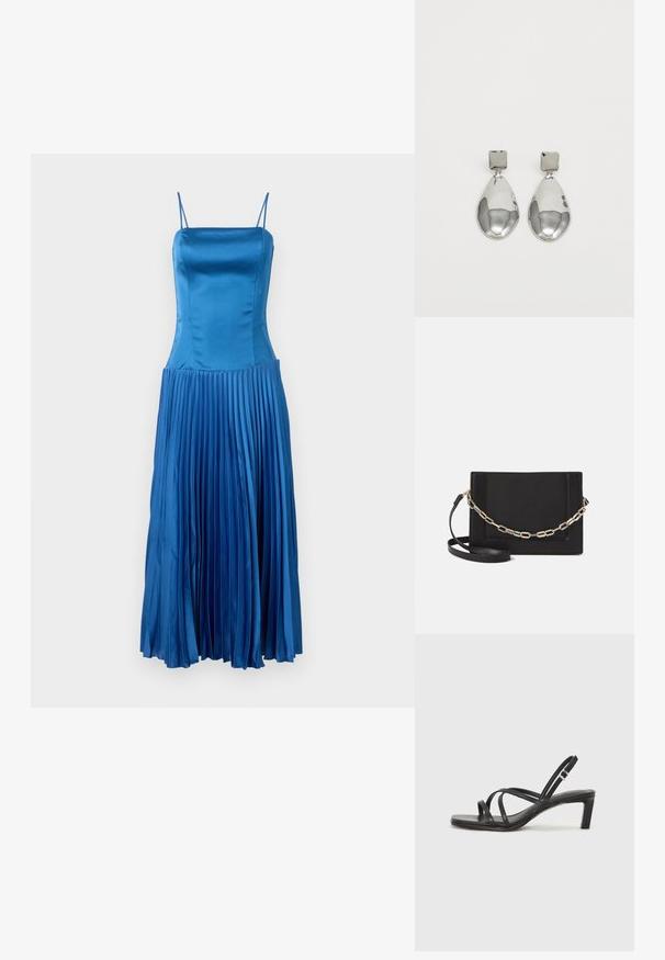 Modra satenasta obleka s tankimi naramnicami, oprijetim korzetom in nabranim krilom, ki prikazuje lahkoten material in gladko površino.; Črne natikače s trakovi in kvadratnim prstom ter nizkim blokastim peto. Imajo več tankih trakov in nastavljiv trak okoli gležnja. Narejene so iz gladkega usnja.; Črna usnjena torba čez ramo z gladko teksturo, pravokotno obliko in kovinskim verižnim detajlom spredaj. Vključena je nastavljiva naramnica.; Srebrni uhani z kvadratnim studom, ki imajo gladko, polirano površino in obliko kapljice, ki odbija svetlobo z sijočo površino.