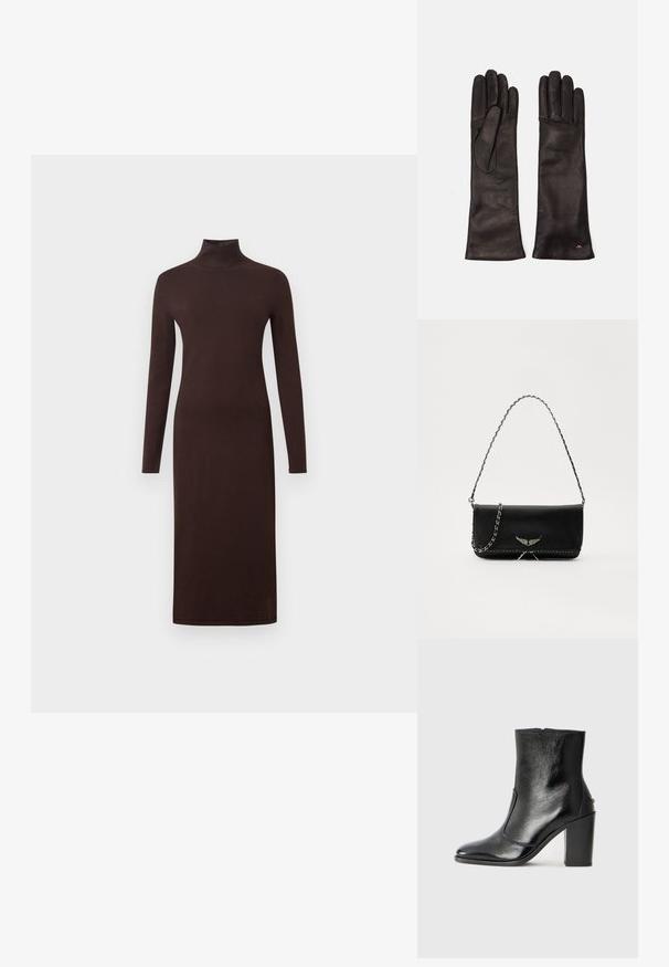 Abito a maniche lunghe con collo alto di colore marrone scuro, design aderente, texture morbida e lunghezza al ginocchio, con una finitura liscia e senza motivi visibili.; Stivale alla caviglia in pelle nera, con una superficie liscia, punta affilata e tacco alto e massiccio. Presenta una apertura laterale e un design minimalista.; Borsa a mano in pelle nera con una tracolla in catena argento, caratterizzata da decorazioni a forma di ali e cuciture bianche lungo la cucitura inferiore.; Weekend Max Mara SENAPE - Guanti - nero