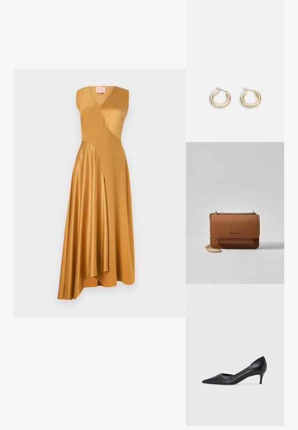 Roksanda WASHED SILK SATIN MIRAL DRESS - Vestido de cocktail / Vestido de festa - mustard; Sapato de salto alto preto em pele com bico fino e salto baixo. Apresenta uma textura suave e brilho subtil. Corte aberto na parte da frente para um detalhe adicional.; Bolsa crossbody de couro texturizado castanho com alça de corrente dourada e fecho com aba. A parte da frente apresenta detalhe do logótipo e um bolso sob a aba.; Lauren Ralph Lauren BASIC SMALL HOOP - Brincos - gold-coloured