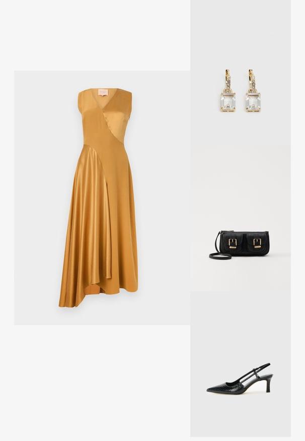 Roksanda WASHED SILK SATIN MIRAL DRESS - Koktélruha / Partiruha - mustard; Fekete lakk slingback sarok, hegyes orral, texturált kígyómintával, állítható pánttal és rövid, texturált tömbsarkal.; Fekete bőr keresztbody táska két elülső zsebbel, arany csattokkal, cipzáras záródással és vékony pánttal. Textúrált felület és kompakt téglalap alak.; Aranyszínű fülbevalók, melyek egy téglalap alakú, tiszta kristállyal díszítették, ami egy sor kis, kerek, tiszta kiegészítő alatt lóg. Letisztult, modern dizájn.