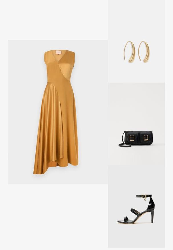 Roksanda WASHED SILK SATIN MIRAL DRESS - Kokteilinė suknelė / vakarėlių suknelė - mustard; Juodas patentuotas odinis sandalai su trimis diržais, kulkšnies sagtimi ir 4 colių stiletto kulnu. Yra aukso detalės ir logotipo žavesys.; Juodas odinis per petį nešiojamas krepšys su dviem priekiniais kišenėmis, auksiniais sagtimis, užtrauktuko uždarymu ir siauromis petnešomis. Textūruota paviršius ir kompaktiškas stačiakampis formatas.; Auksinės metalinės auskarų kabės su lenktą, pailgą forma. Turi lygų, blizgantį paviršių ir užapvalintą galiuką papildomam akcentui.