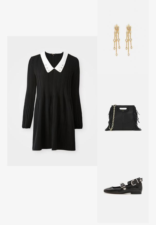 Rochie neagră cu mâneci lungi, prezentând un guler alb în stil Peter Pan cu margini cusute și embellishments decorative. Fabricată dintr-un material pliat.; Pantofii plano din piele patent neagră, cu vârful pătrat, curea de gleznă cu accesorii din argint și talpă plată. Textură netedă cu un design minimalist.; Geantă de mână din piele neagră cu detalii din franjuri, curea de umăr din lanț auriu și un mâner cu tăietură. Prezintă plasarea logo-ului pe față.; Cercei aurii cu multiple lanțuri suspendate, având accente din rhinestone ovale clare și capete decorative cu tighel.