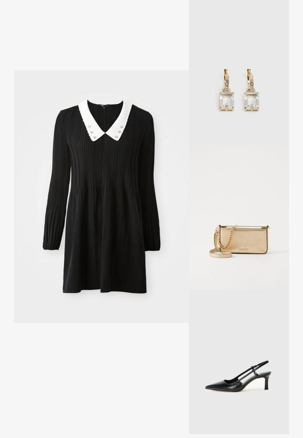 Rochie neagră cu mâneci lungi, prezentând un guler alb în stil Peter Pan cu margini cusute și embellishments decorative. Fabricată dintr-un material pliat.; Pantofi cu toc slingback negri din patent, cu vârf ascuțit, cu imprimeu de șarpe texturat, curea ajustabilă și toc scurt texturat.; Clutch din piele aurie metalizată, cu un finisaj texturat, având o curea din lanț aurie și o curea pentru umăr detașabilă. Logo-ul brandului embosat.; Cercei aurii care prezintă un cristal clar, rectangular, suspendat sub un rând de accente mici, rotunde, clare. Design elegant și modern.