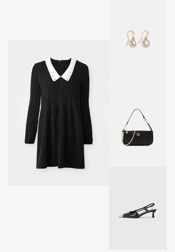 Juoda ilga rankovė suknelė, dekoruota baltu Peter Pan apykakliu su siūlių ornamentais ir dekoratyviniais akcentais. Pagaminta iš klostuotos medžiagos.; Juodas odinis slingback batelis su smailiu pirštu ir auksine metaline nose. Pasižymi išpjovimo dizainu ir plonu kulnu su reguliuojamu dirželiu.; Juoda rankinė su lygiu paviršiumi, turinti auksinį grandinėlės diržą, užtrauktuko uždarymą ir dekoratyvinį auksinį emblemos ženklą priekyje.; Aukso spalvos auskarai su ovalo formos skaidriais kristalais, apjuostais mažesniais skaidriais akmenukais, su kabliuko dizainu, užtikrinančiu saugų dėvėjimą.