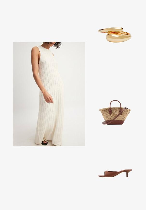 NA-KD Maxikleid - offwhite; Braune offene Absatzmules mit glatter, matter Oberfläche, die ein geschwungenes Design und einen transparenten, verjüngten Absatz aufweisen.; Geflochtene Strohtasche mit braunen Lederakzenten, zwei Griffen und einem abnehmbaren Gurt. Kurvenform mit einem stabilen Boden.; Goldfarbene Ringe mit glatten, runden Formen, die sich miteinander verweben. Hochglänzende Oberfläche mit reflektierender Beschichtung, die ein nahtloses Design präsentiert.