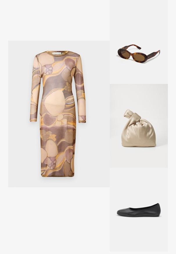 Rochie cu mânecă lungă, ajustată, dintr-un material subțire și transparent, având un model abstract în nuanțe de bej, maro și auriu.; Balerini din piele neagră, cu vârf rotund, textură netedă, detalii de cusătură minimale și un design al tălpii flexibil.; Ochelari de soare din scoică cu lentile ovale, nuanță de maro și accente aurii pe brațe. Cadre groase cu un finisaj lucios și o textură netedă.; Geantă bej din satin cu partea superioară legată, având o textură moale și netedă și o formă rotundă, concepută pentru a fi simplă și elegantă.; Rabanne XL LINK DOUBLE HOOP EARRING - Cercei - silver-coloured