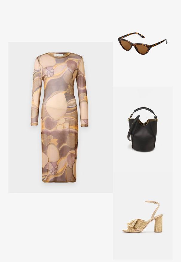 Langærmet, tætsiddende kjole lavet af transparent, let stof med et abstrakt mønster i beige, brune og gyldne nuancer.; Guldhælede sandaler med en knyttet front, plisseret tekstur og en ankelrem. Blokhælen har et ribbet design, der forbedrer grebet.; Kat-ejede solbriller med en sort og orange skildpaddemønstret stel, brune linser og slanke, spidse ender. Har et minimalistisk logo på skabelsen.; Sort læder bucket taske med en struktureret overflade, guld hardware detaljer og en åben top. Har et kort håndtag og justerbar skulderrem.