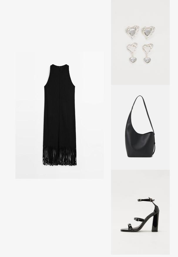Schwarzes geripptes Kleid mit einem hohen Ausschnitt und einem fransigen Saum, mit einem Reißverschluss auf der Rückseite und einer hautengen Silhouette.; Schwarze patentierte Sandalen mit Absatz, quadratischer Spitze, Knöchelriemen und silbernen Schnallen. Mit einem stabilen Blockabsatz für mehr Stabilität.; Schwarze Leder-Hobo-Tasche mit einer glatten Textur, geschwungener Form und einem einzelnen verstellbaren Tragegurt; verfügt über eine weite Öffnung am oberen Ende.; Silberne herzförmige Ohrringe mit facettierten klaren Steinen und einem strukturierten Rahmen. Das Set umfasst Stecker- und Anhänger-Stile.