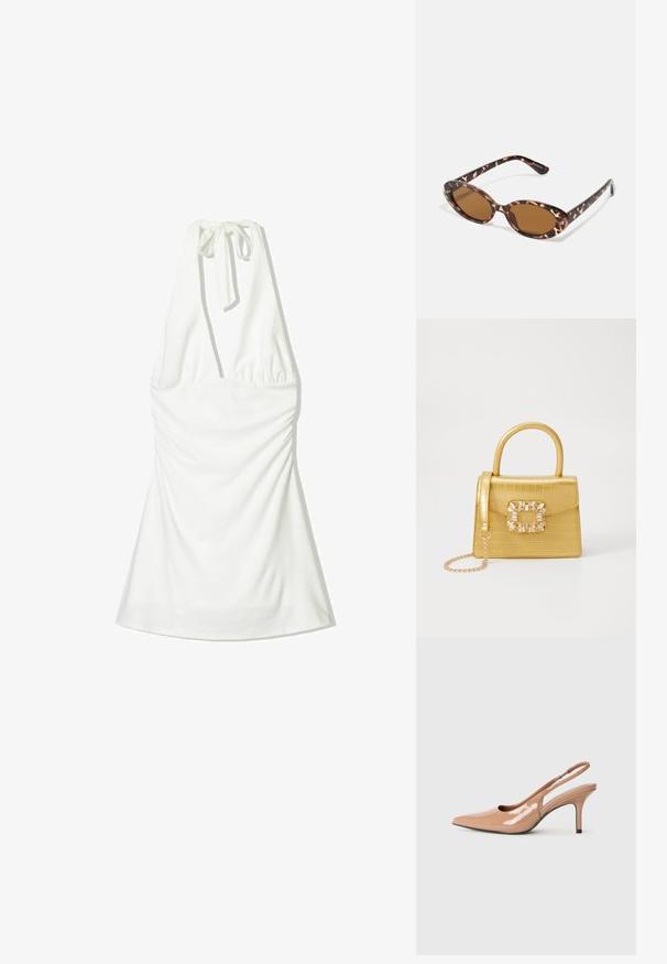 Bijela halterica s vezicom oko vrata, s nabranim materijalom na tijelu i lepršavim donjim dijelom. Glatka tekstura bez uzoraka ili dodataka.; Nude patent kožne cipele s otvorenom stranom, u obliku potpetice, s oštrim vrhom i stiletto potpeticom visokom 7 cm. Crni naglasak na bazi potpetice.; Naočale od kornjače s ovalnim lećama, smeškanim tonovima, tanke nogice s teksturiranim uzorkom, lagani plastični okvir.; Žuta torbica od umjetnog krokodila sa strukturiranim dizajnom, gornjom ručkom, odvojivim lančićem i dekorativnim kristalnim ukrasom na kopči.