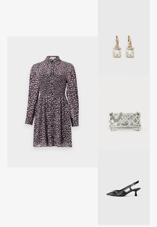 Μαύρο φόρεμα με μακριά μανίκια, σμιλευμένο μπούστο, λουλουδάτο μοτίβο σε ροζ και λευκό, λαιμόκοψη τύπου crew και φαρδύ φούστα. Ελαφρύ ύφασμα.; Μαύρο δερμάτινο παπούτσι slingback με μυτερή μύτη, διακοσμητικές λωρίδες με μεταλλικά μάτια και χαμηλό μπλοκ τακούνι. Υφή επιφάνειας.; Ασημένια μεταλλική τσάντα ώμου με αλυσίδα, επενδεδυμένη υφή, διακοσμητική ραφή και κλείσιμο με φερμουάρ. Διαθέτει ανάγλυφα διακοσμητικά στοιχεία στο μπροστινό μέρος.; Χρυσά σκουλαρίκια με ορθογώνιο, καθαρό κρύσταλλο που κρέμεται κάτω από μια σειρά μικρών, στρογγυλών, καθαρών λεπτομερειών. Λεπτός, σύγχρονος σχεδιασμός.
