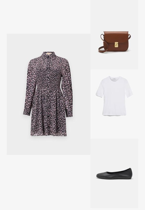 Juoda suknelė su ilgomis rankovėmis, raukinėtu liemeniu, rožinės ir baltos spalvos gėlių raštu, apvaliu iškirpimu ir platėjančia sijonu. Lengvas audinys.; Balta trumpa rankovėmis marškinėliai, pagaminti iš pasiruošusio audinio. Apvali iškirptė, reguliari tinkamumas ir subtilūs siuvimo detalės. Be raštų ar grafikos.; Juodai odiniai baletai su apvaliu pirštu, lygi texture, minimalus siuvimo detales ir lanksčiu padų dizainu.; Ruda odinė rankinė su uždaromu dangteliu, aukso spalvos detalėmis, petneša ir lygiu paviršiumi. Kompaktiška stačiakampio formos.