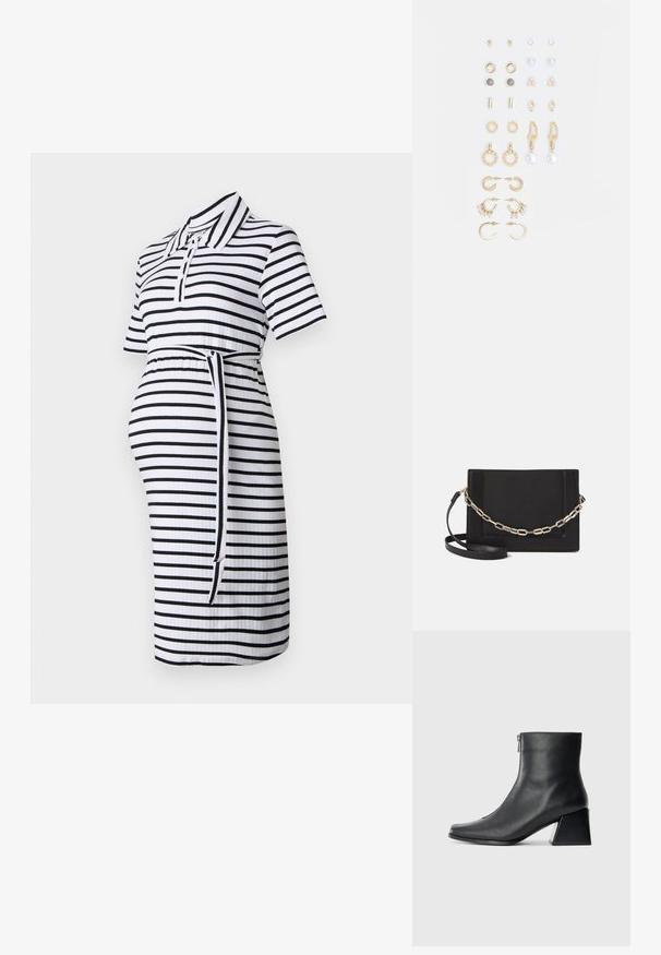 Raskauden mekko, jossa on kauluskaulus, lyhyet hihat, mustavalkoiset vaakastriipit, kapeahko vyötärö ja sidottu vyö sekä ribbipinta.; Mustat nahka nilkkurit, joissa on nelikulmainen kärki, sivuvetoketju ja lohkarekorko, taustalla vaalea yksinkertainen tausta.; Musta nahkainen olkalaukku, jossa on sileä pinta, suorakulmainen muoto ja metalliketju yksityiskohtana edessä. Mukana säädettävä hihna.; Kultasetti kultaisenvärisiä korvakoruja, jotka sisältävät erilaisia muotoiluita, kuten nappikorviksia, rengaskorviksia ja roikkuvia korviksia, joissa on helmiä ja strasseja.
