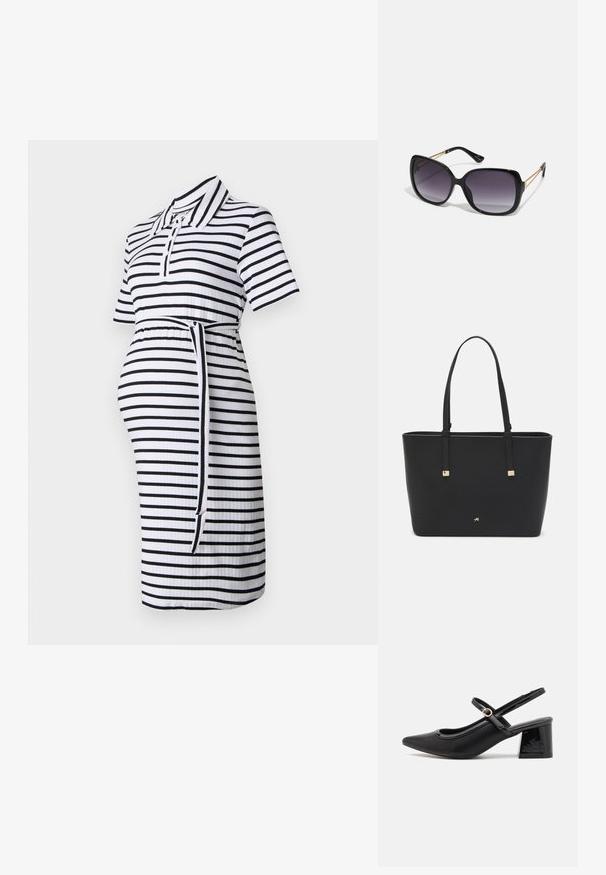 Sukienka ciążowa z kołnierzykiem, krótkimi rękawami, czarno-białymi poziomymi paskami, ściągnięta w talii związywanym paskiem oraz żebrową teksturą.; Czarne lakierowane czółenka na słupku ze spiczastym noskiem, lekko zaokrąglonym wycięciem i obcasem w kształcie bloku. Posiadają złotą klamrę jako akcent dekoracyjny.; Czarne oversize okulary przeciwsłoneczne z gradientowymi soczewkami, grubymi oprawkami i złotym łańcuszkiem na ramionach.; Czarna torba typu tote wykonana z materiału syntetycznego, z prostym prostokątnym wzorem, złotymi kwadratowymi akcentami i podwójnymi uchwytami.