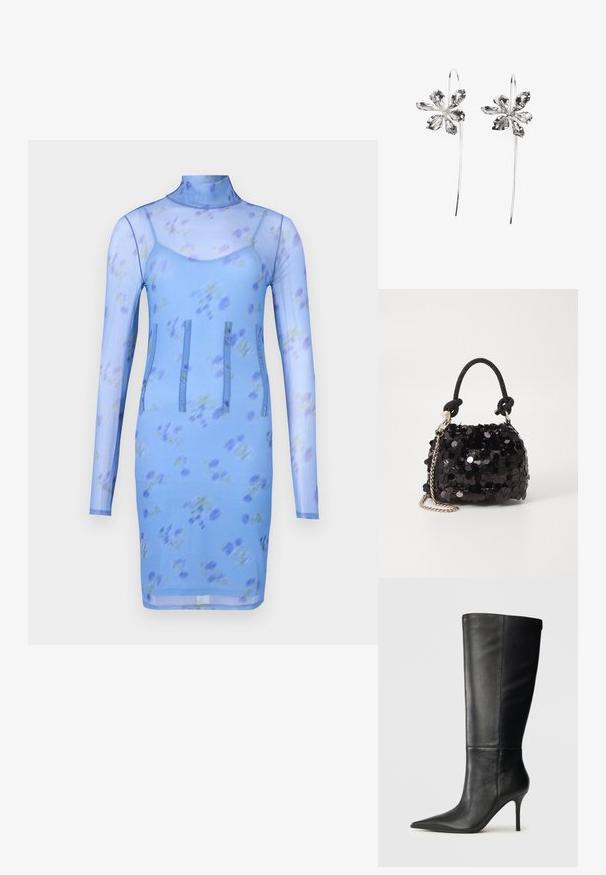 Blauwe bloemen mesh jurk met lange mouwen, een hoge halslijn en drie verticale naden voor ontwerpdetails. Heeft een getailleerde silhouet.; Zwarte leren kniehoge laars met spitse neus en slanke stilettohak, gladde textuur, zijprofiel op neutrale achtergrond.; Zwarte pailletten mini handtas met een geknoopte textuurriem en zilveren ketting. Rondvormig met een geplooide bovenkant en reflecterende details.; Zilveren oorbellen in de vorm van bloemen met een gestructureerde afwerking, voorzien van lange haken en bloembladen-achtige details voor een ingewikkeld ontwerp.