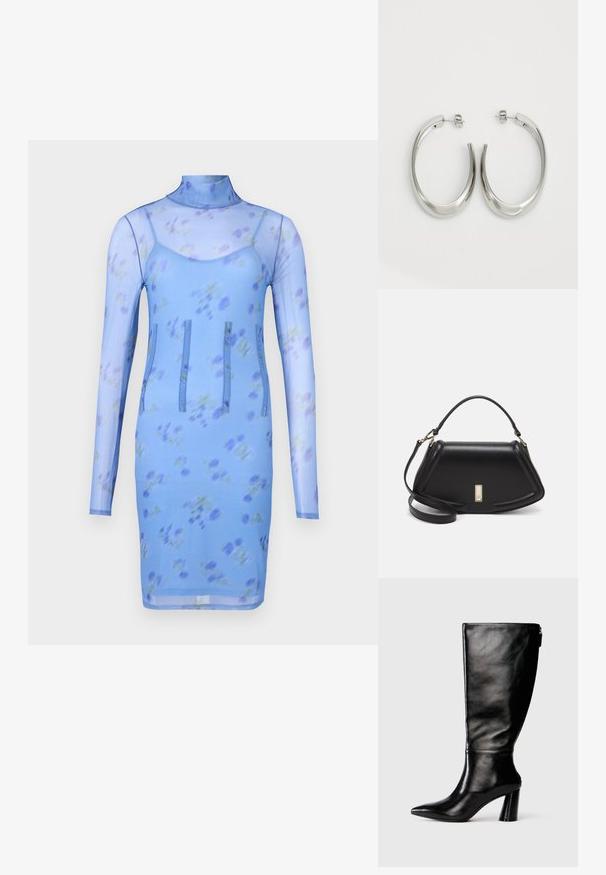 Rochie din plasă florală albastră cu mâneci lungi, guler înalt și trei cusături verticale pentru detalii de design. Dispune de o siluetă ajustată.; Cizme negre din piele până la genunchi, cu vârf ascuțit, textură netedă și toc robust. Include un detaliu cu fermoar la spate.; Geantă de umăr din piele neagră, cu un design structurat, având o formă tăiată, mânere superioare și accente din aur. Include o curea de umăr ajustabilă.; Cercei din argint, cu un design neted și curbat. Prezintă o finisare metalică strălucitoare și închidere cu stud. Fără modele sau accente vizibile.