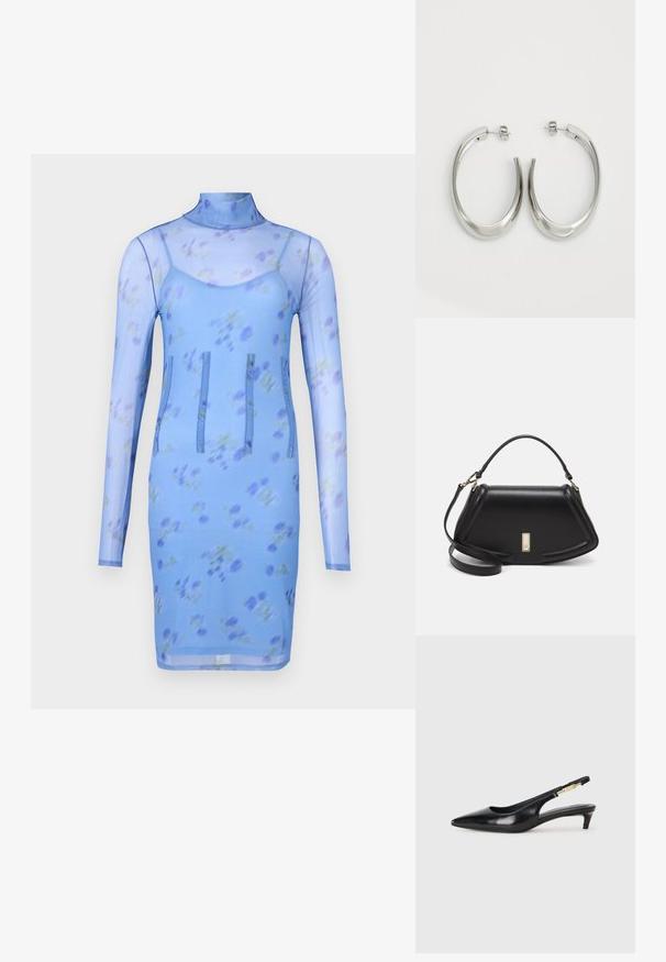 Rochie din plasă florală albastră cu mâneci lungi, guler înalt și trei cusături verticale pentru detalii de design. Dispune de o siluetă ajustată.; Sandale slingback din piele neagră cu vârf ascuțit, având un toc subțire și un accent de culoare aurie pe curea ajustabilă. Textură netedă.; Geantă de umăr din piele neagră, cu un design structurat, având o formă tăiată, mânere superioare și accente din aur. Include o curea de umăr ajustabilă.; Cercei din argint, cu un design neted și curbat. Prezintă o finisare metalică strălucitoare și închidere cu stud. Fără modele sau accente vizibile.