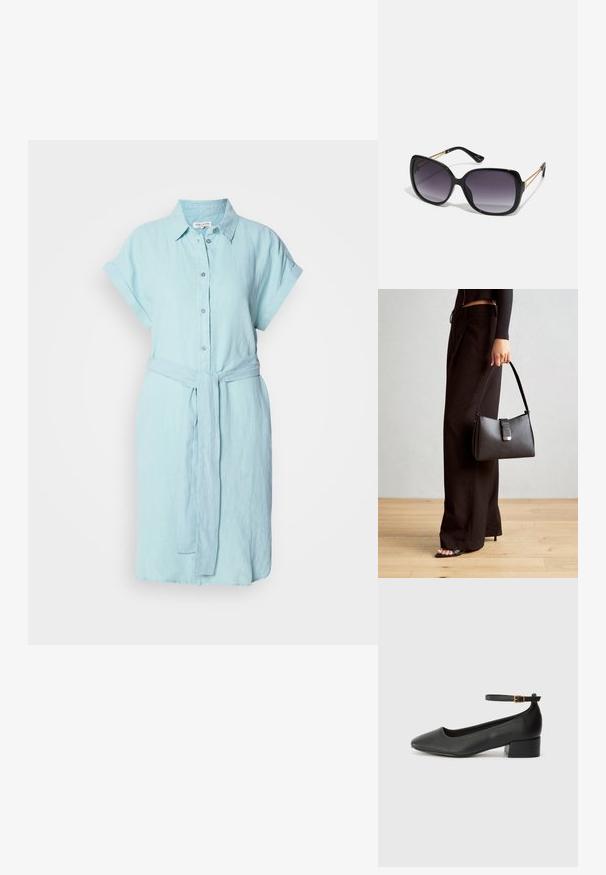 Rochie din in de culoare azul deschis, cu mâneci scurte rulante, închidere cu nasturi pe față și cureaua asortată la talie pentru o ajustare confortabilă.; Pantof cu toc negru din piele, cu vârf ascuțit și toc mic pătrat. Dispune de o curea la gleznă cu o cataramă în tonuri de aur. Textură netedă.; Ochelari de soare negri, supradimensionați, cu lentile degradate, rame groase și detalii cu lanț de ton auriu pe brațele templului.; Genți negre cu o formă structurată, textură netedă și un închizător metalic. Asortată cu pantaloni negri largi și sandale cu vârf deschis pe un podea din lemn.