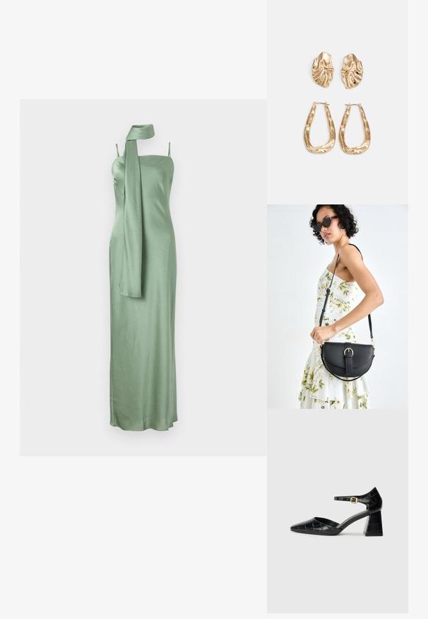 Sateen roheline kleit sirge dekolteega, reguleeritavad spagetirihmad ja pikk sall, mis on ühele õlale langev.; Must musta mustad kõrge kontsaga king, millel on terav nina, pahkluu rihm ja tekstureeritud krokodillimuster. Ruudukujuline ploki konts.; Mustmust mustraha kõverate joontega, eemaldatava rihmaga ja kuldsete detailidega. Kotil on klapp, millel on pandladetail.; Kuldse värvi kõrvarõngad, mis on kaunistatud tekstuursete ja laineliste kujunditega. Komplektis on skulpturaalsed klamber kõrvarõngad ja avatud rõngasdisain, millel on lõhestatud viimistlus.