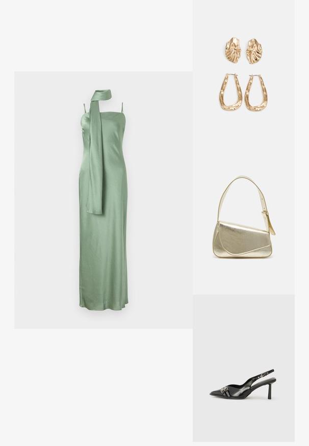 Sateen roheline kleit sirge dekolteega, reguleeritavad spagetirihmad ja pikk sall, mis on ühele õlale langev.; Must musta nahk kingad sanga ja terava ninaga, ankle strapidega, millel on hõbedased pandlad ja riistvara ning õhuke konts.; Kuldmetallist käekott, millel on struktureeritud disain, sile tekstuur ja reguleeritav rihm. Omab ainulaadset kolmnurkset kuju ja minimalistlikku õmblust.; Kuldse värvi kõrvarõngad, mis on kaunistatud tekstuursete ja laineliste kujunditega. Komplektis on skulpturaalsed klamber kõrvarõngad ja avatud rõngasdisain, millel on lõhestatud viimistlus.