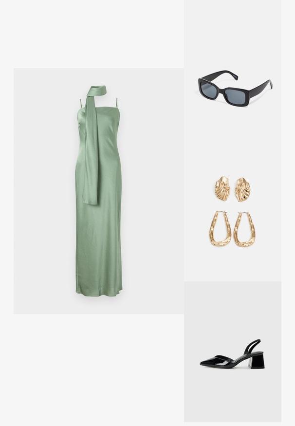 Szatén zöld ruha egyenes nyakkivágással, állítható pántokkal és egy hosszú sál részlettel, amely az egyik vállon lóg.; Fekete lakk bőr szandálkés magas sarkú cipő, hegyes orral és geometrikus tömbsarkakkal. Karcsú, minimalista dizájn és sima textúra jellemzi.; Fekete, téglalap alakú napszemüveg sötétített lencsékkel, vastag műanyag kerettel és széles templomokkal. Simább felület és szögletes dizájn.; Aranyszínű fülbevalók, texturált, hullámos formákkal. Tartalmazza a szobrászati klipszes studokat és az open hoop kialakítást, kalapácsos felülettel.