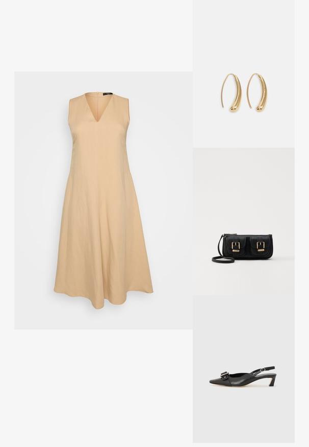 Bežs bezpiedurkņu kleita ar V-veida kakla izgriezumu, izplešas no vidukļa, izgatavota no viegla auduma, ar aizmugurējo rāvējslēdzēju.; Melnas ādas siksnu kurpes ar smailu pirkstu, nelielu papēdi un dekoratīvu sprādzi augšdaļā. Gluda tekstūra, minimālistisks dizains.; Melnas ādas crossbody soma ar divām priekšējām kabatām, zelta sprādzēm, ar rāvējslēdzēju aizdari un šauru siksnu. Strukturēta virsma un kompakta taisnstūra forma.; Zelta toņu metāla gredzena auskari ar izliektu, pagarinātu formu. Ar gludu, spīdīgu virsma un noapaļotu galu papildu detaļām.