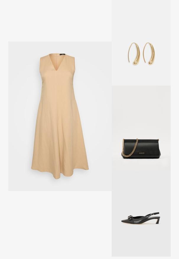 Beež ilma varrukat V-kaelusega kleit, mis laieneb vöökohtadest, on valmistatud kergetest materjalidest ja sellel on taga IPTL lukuga sulgemine.; Must must nahk slingback kingad terava varbaga, väikese kontsaga ja dekoratiivse pandlaga ülaosas. Sile tekstuur, minimalistlik disain.; Mustast nahast klamberkott kuldse kettrihmaga, millel on sile tekstuur, ristkülikuline kuju ja esiküljel reljeefne brändingu märk.; Kuldtoonilised metallist rõngas kõrvarõngad, millel on kõver ja piklik kuju. Omavad siledat, läikivat pinda ja ümarat tipptugevdust, mis lisab detaili.
