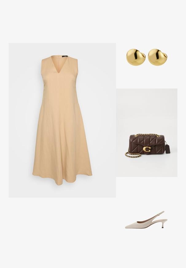 Vestido sin mangas beige con escote en V, se ensancha desde la cintura, hecho de una tela ligera, con cierre de cremallera en la parte posterior.; Tacones slingback beige con punta afilada y un tacón bajo y acampanado. Fabricados en cuero suave con un diseño minimalista y correa ajustable.; Bolso de mano de cuero marrón acolchado con una correa de cadena dorada, acentos de herrajes dorados y un cierre prominente. Presenta un patrón texturizado.; Pilgrim JACE - Pendientes - gold-coloured