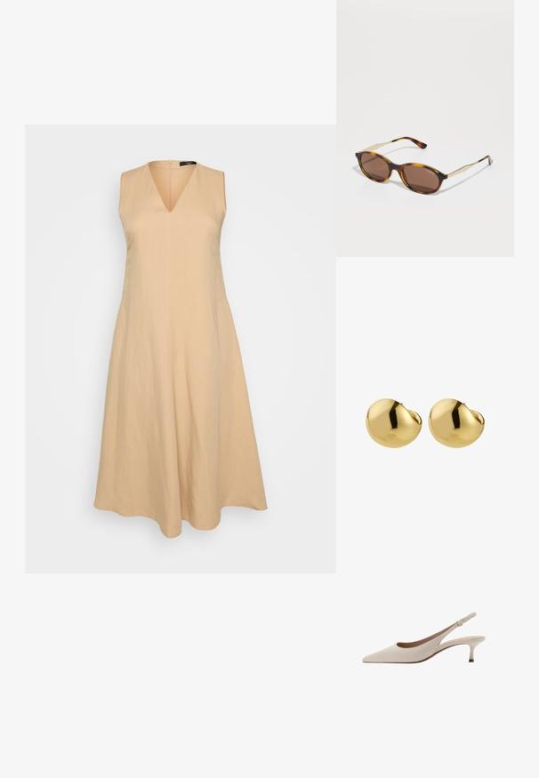 Béžové bezramínkové šaty s výstřihem do V, rozšiřující se od pásu, vyrobené z lehké látky, s uzavíráním na zip na zadní straně.; Béžové lodičky na podpatku s špičatou špičkou a nízkým rozšířeným podpatkem. Vyrobené z hladké kůže s minimalistickým designem a nastavitelným páskem.; Sluneční brýle v želvovinovém vzoru s kulatými tmavě hnědými čočkami. Mají zlaté akcenty na stranách a lesklý povrch. Název značky je viditelný na obrubě.; Pilgrim JACE - Náušnice - gold-coloured